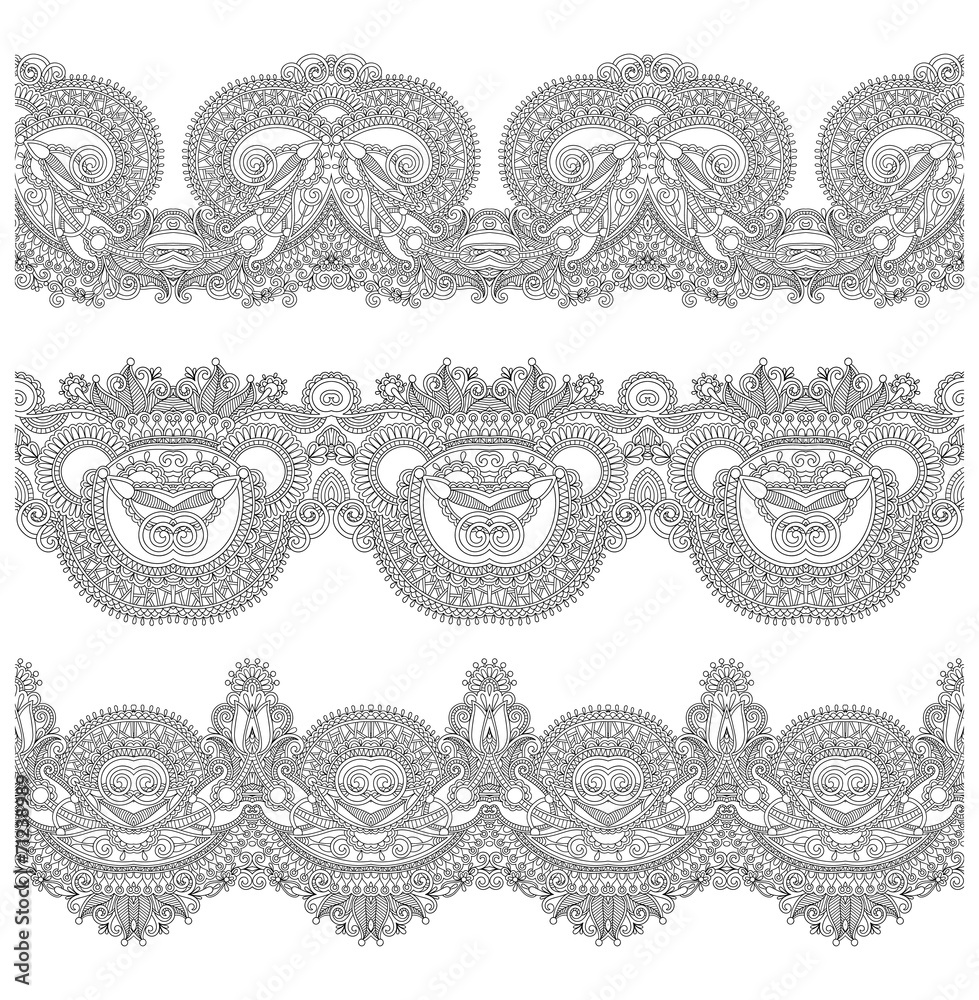 Fototapeta premium collection of seamless ornamental floral stripes, black and whit