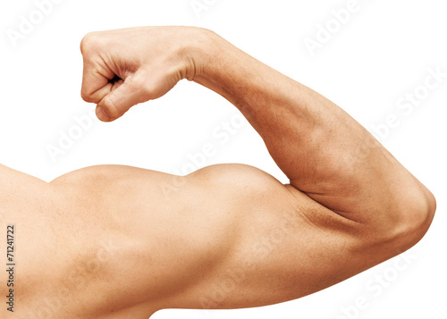 Stampa su tela Strong male arm shows biceps. Close-up photo isolated on white
