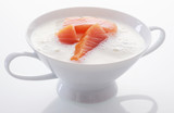 Elegant gourmet bowl of salmon chowder