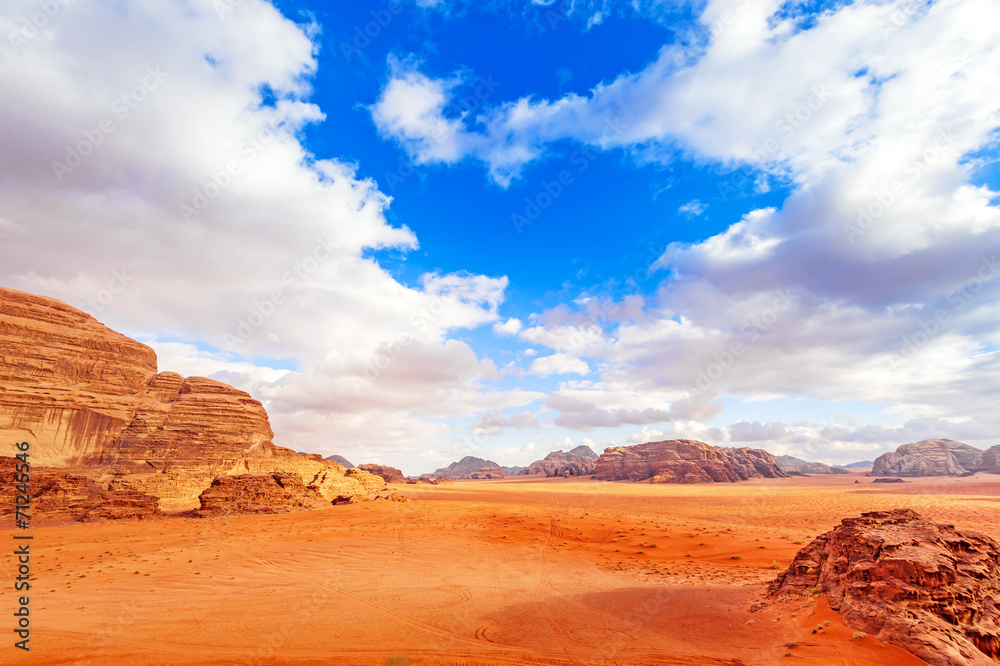 View of Jordanian desert in Wadi Rum, Jordan - obrazy, fototapety, plakaty 