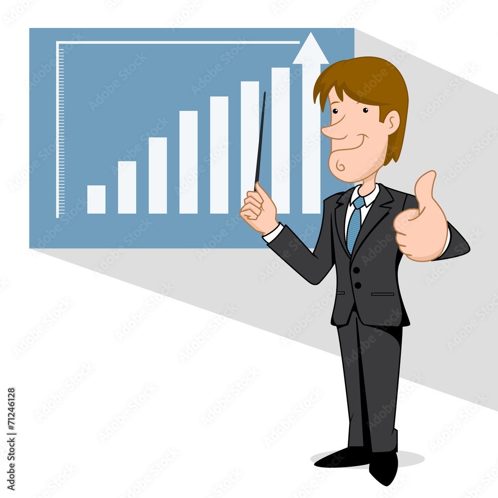 Business man points to chart, vector illustration Business man points to chart, vector illustration