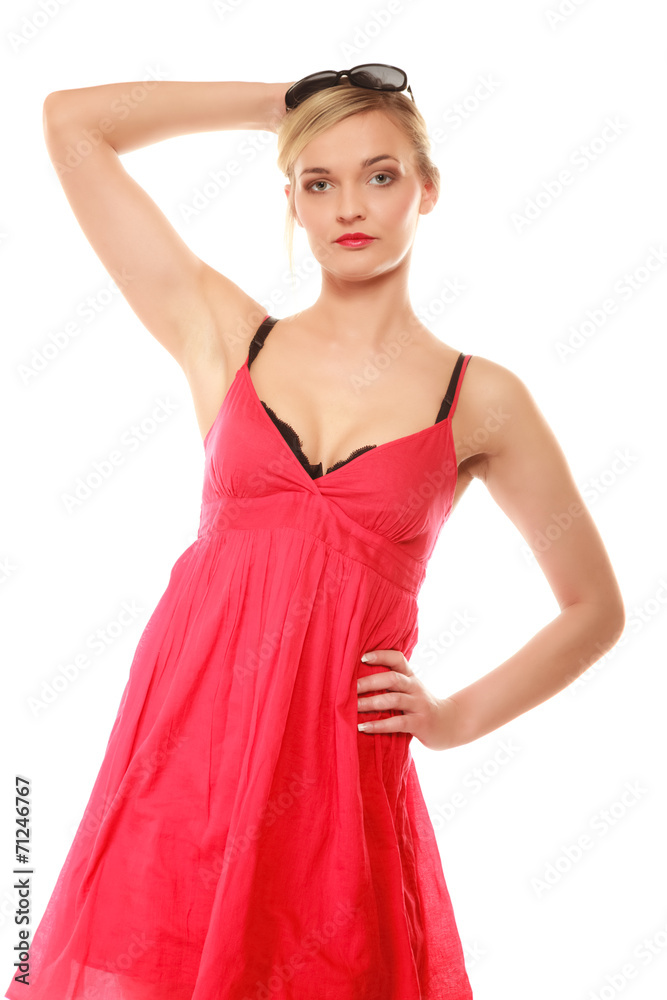 Summer fashion. Pretty fashionable girl in red dress