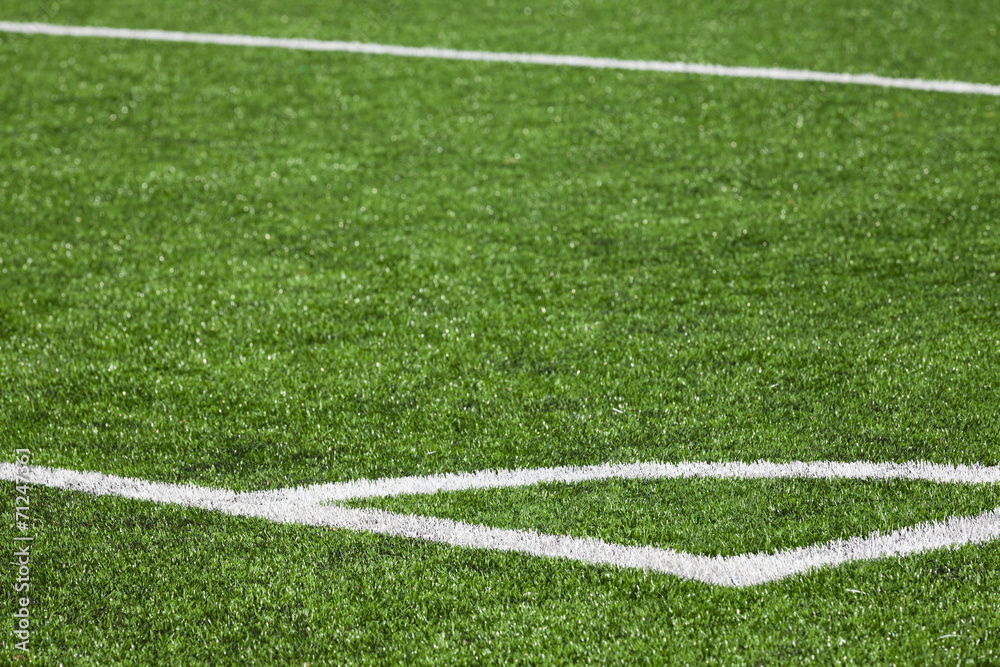 Football playing field background with green grass and white cor