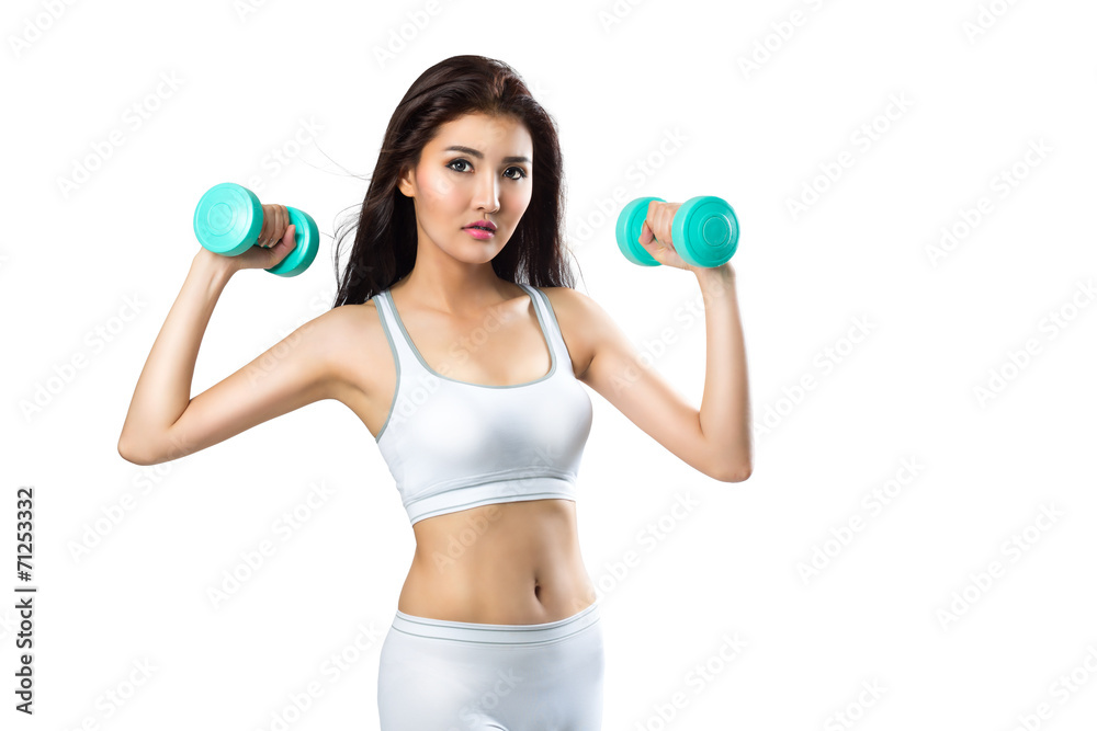 Healthy hispanic young asian woman with dumbbells working out Healthy hispanic young asian woman with dumbbells working out
