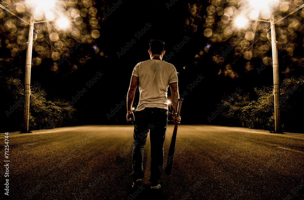 Baseball Fury, boy walking in the street at night - obrazy, fototapety, plakaty 