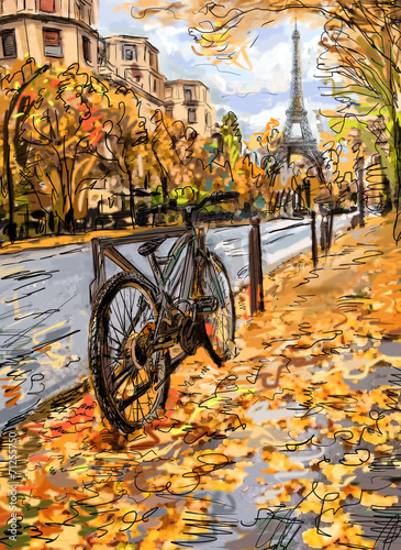Street in autumn Paris. Eiffel tower -sketch illustration #71255750