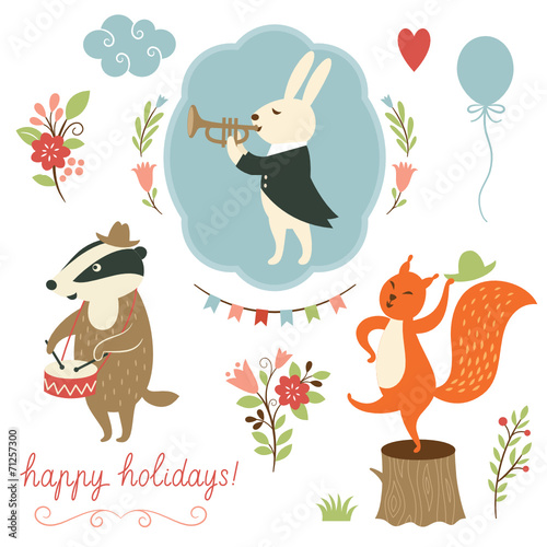 set of cartoon characters and holidays elements