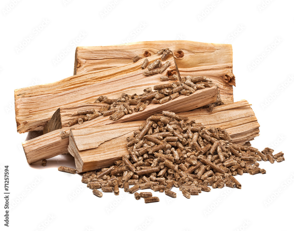 split logs and wood pellets. alternative and ecological fuel. isolated  white. 