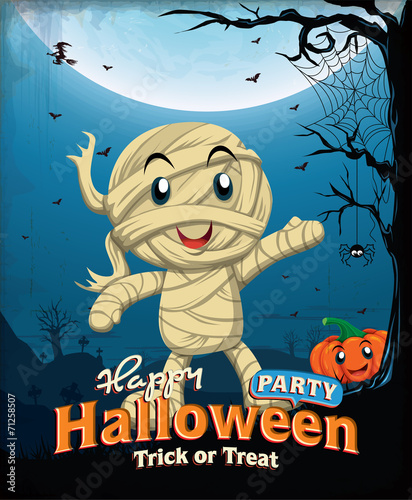 Vintage Halloween poster design with kid in mummy costume