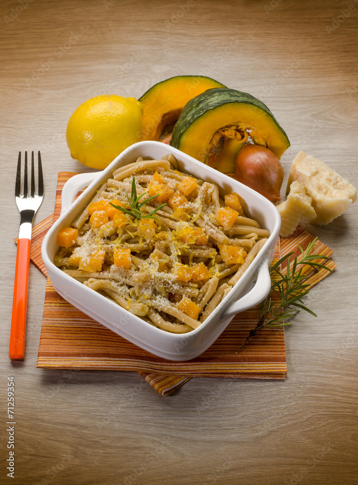 pasta casarecce with pumpkin, lemon peel and parmesan cheese pasta casarecce with pumpkin, lemon peel and parmesan cheese