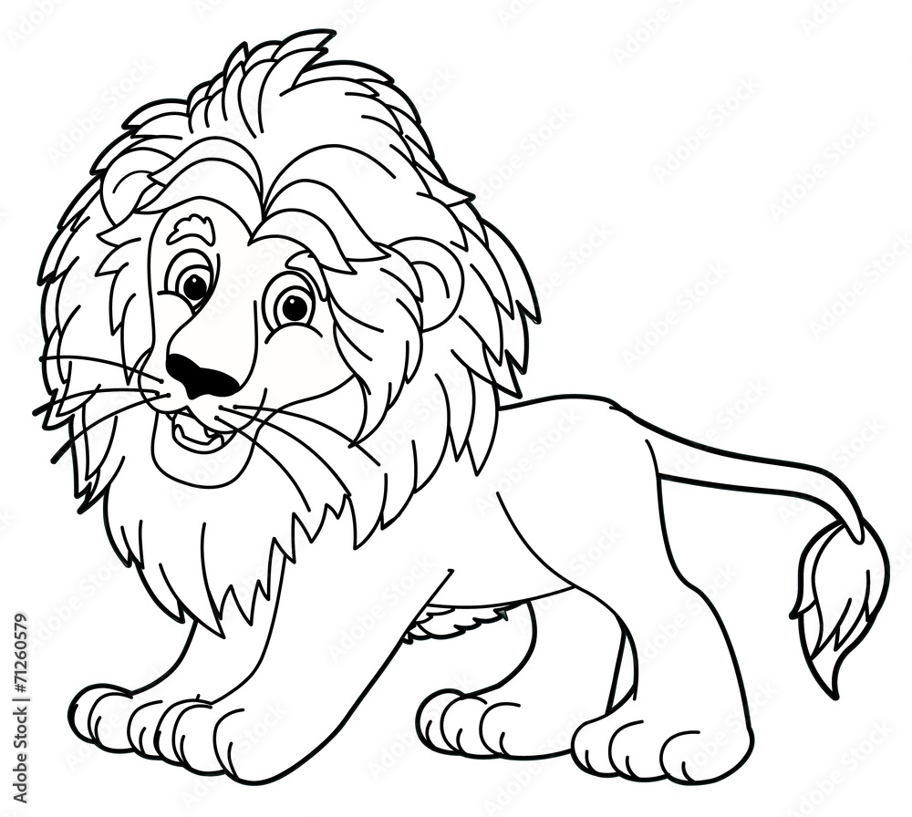 Fototapeta premium Cartoon animal lion on white background - caricature - with coloring page - illustration for children