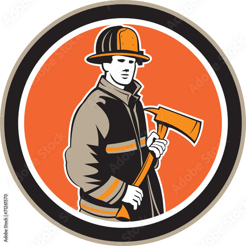 Fireman Firefighter Holding Fire Axe Circle