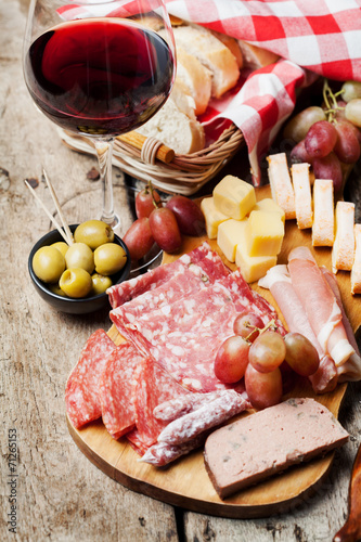 Glass of red wine with charcuterie assortment on the background