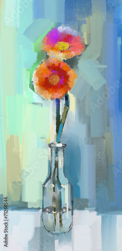 Fototapeta Naklejka Na Ścianę i Meble -  Glass vase with bouquet gerbera flowers.Oil painting