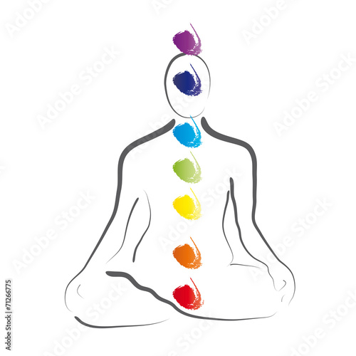 Position im Yoga, Lotussitz mit Chakren, Logo für Achtsamkeit, Meditation, Mantra, Heilung, Zufriedenheit, Rückzug und inneres Wachstum, innerer Frieden und Ausgleich finden, retreat, Vektor, isoliert photo