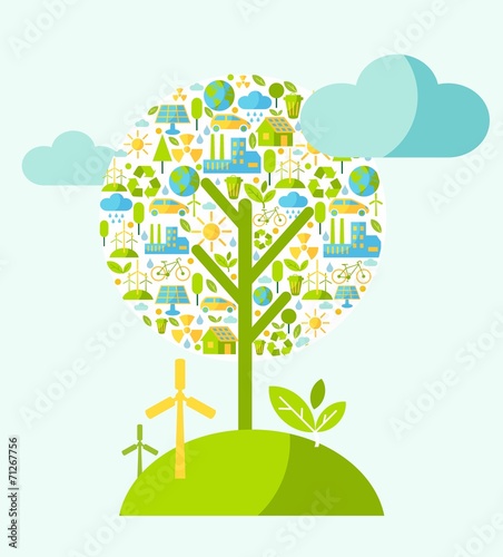 Ecology concept with tree and nature elements in flat style