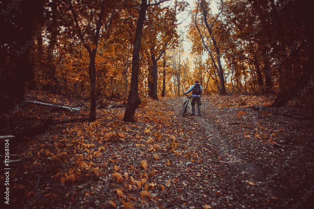 Man with bike in forest