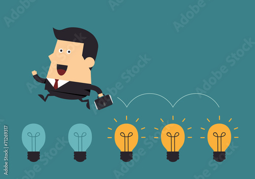 Businessman jump on light bulbs, Business concept
