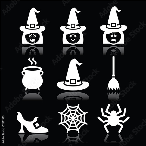 Witch Halloween vector icons set on black