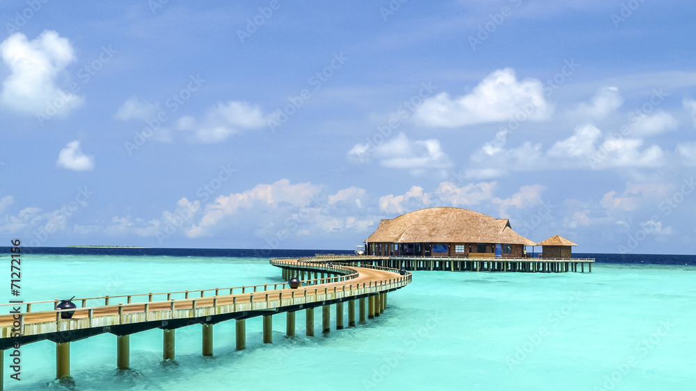 view of water bungalow in irufushi island,  maldives