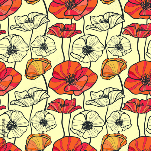 Fototapeta Naklejka Na Ścianę i Meble -  Seamless pattern with decorative poppy flowers