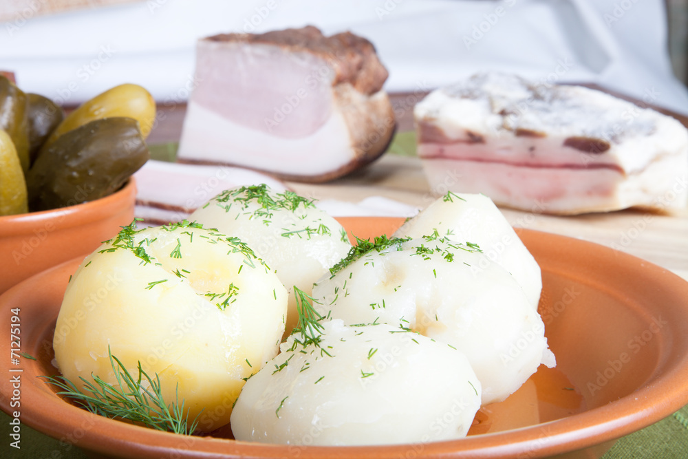 Pickles, potato and bacon with a green napkin and plate Pickles, potato and bacon with a green napkin and plate