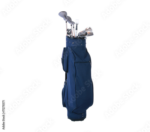 Golf clubs in blue and black bag isolated on white
