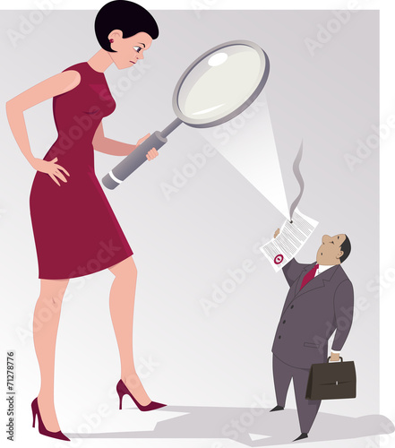 Tableau sur toile Woman studying a contract under a magnifying glass