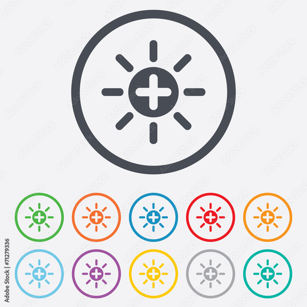 Sun plus sign icon. Heat symbol. Brightness. Sun plus sign icon. Heat symbol. Brightness.