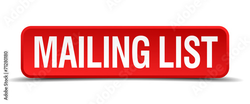 mailing list red 3d square button isolated on white