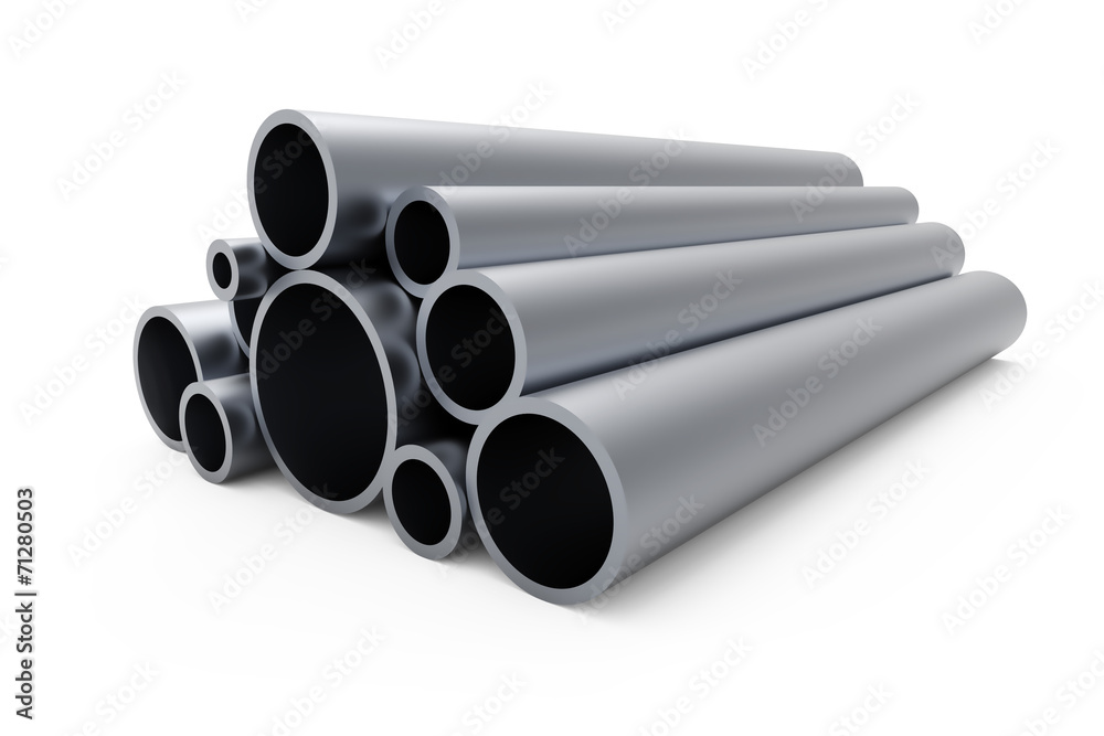 Fototapeta premium Pile of steel pipes isolated on white background.