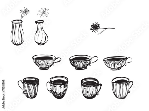 vector cups collection and flowers in vases