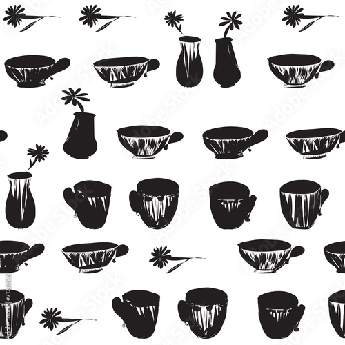 seamless retro hand drawn cup pattern with flowers