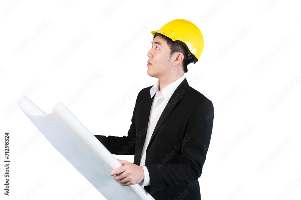 Asian engineer with paper plans isolate on white background with Asian engineer with paper plans isolate on white background with