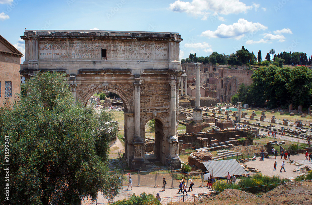 Arch of Emperor Septimius Severus and Roman Forum in Rome, Italy