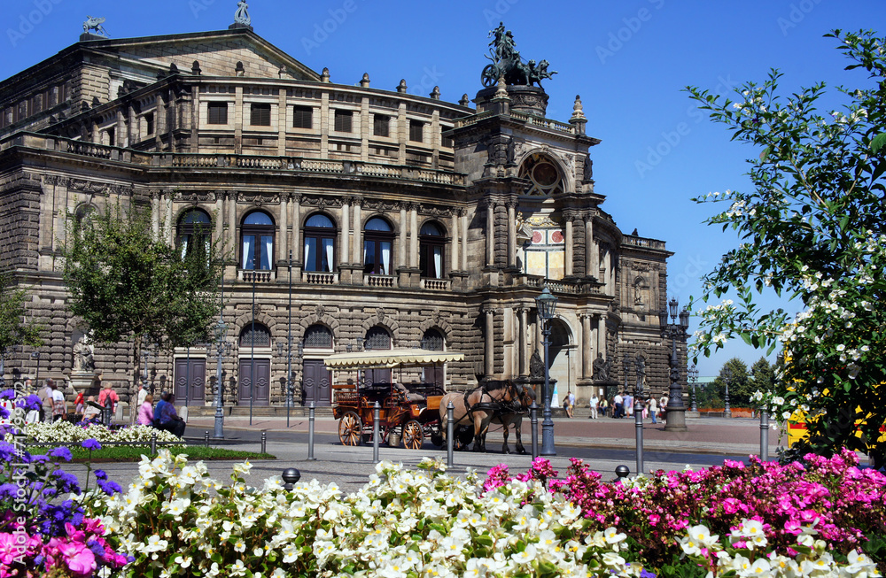 Semper Opera house and carriage with horses, Dresden, Germany