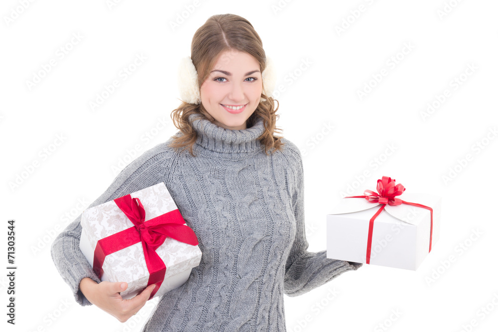 happy attractive woman in woolen sweater and muffs with presents happy attractive woman in woolen sweater and muffs with presents