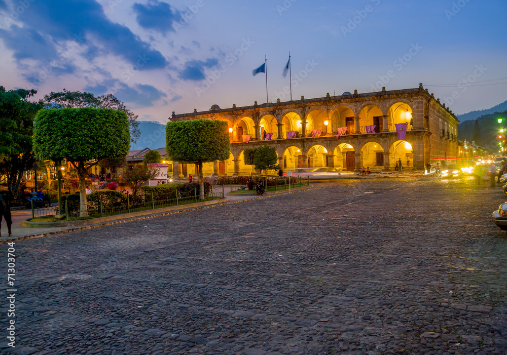 Baroque building in main square plaza Antigua Guatemala