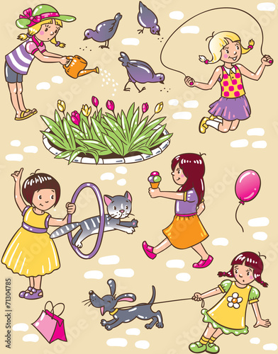 Seamless pattern with playing girls