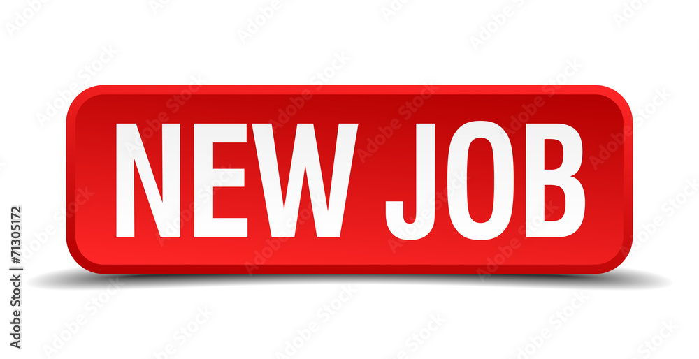 New job red 3d square button isolated on white