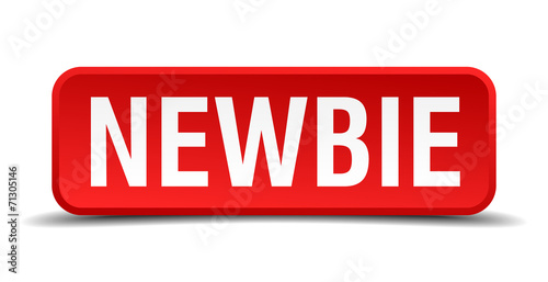 Newbie red 3d square button isolated on white