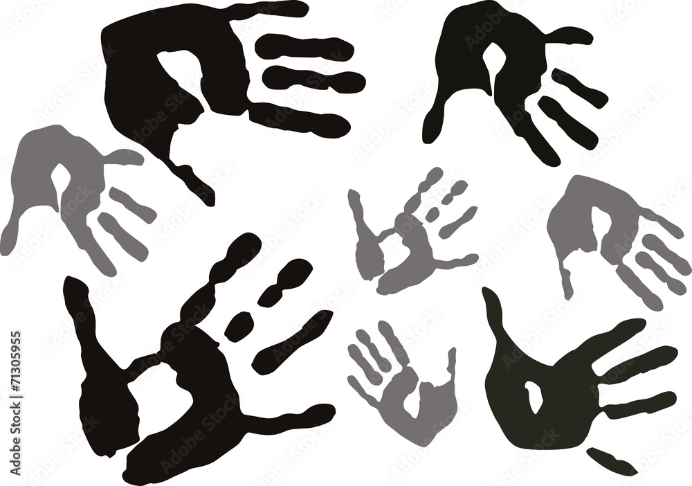 eight grey hand prints isolated on white eight grey hand prints isolated on white