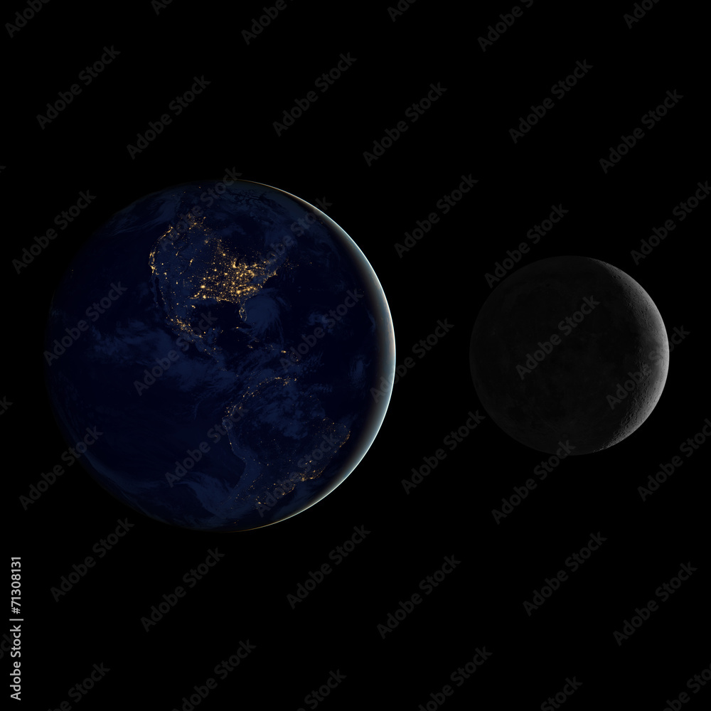 Fototapeta premium Earth and Moon on a black starless background.