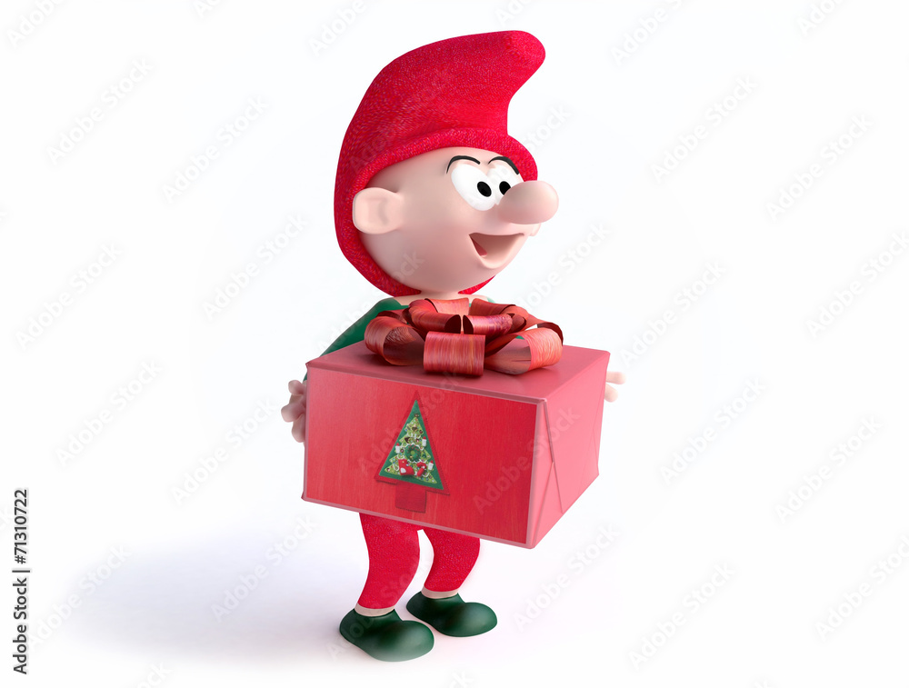 Funny Gnome With Christmas Gift Box in 3D - obrazy, fototapety, plakaty 
