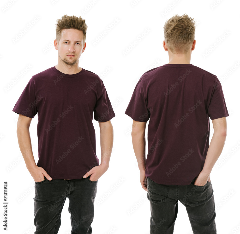 Man posing with blank dark purple shirt Man posing with blank dark purple shirt
