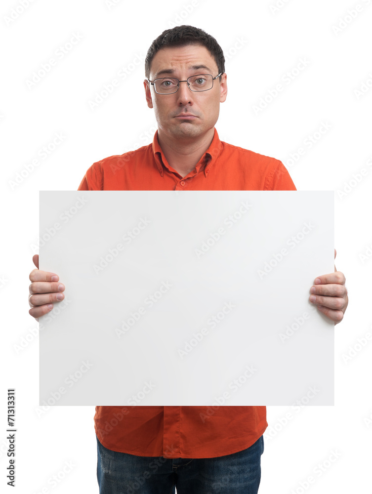 Man showing blank white billboard sign Man showing blank white billboard sign