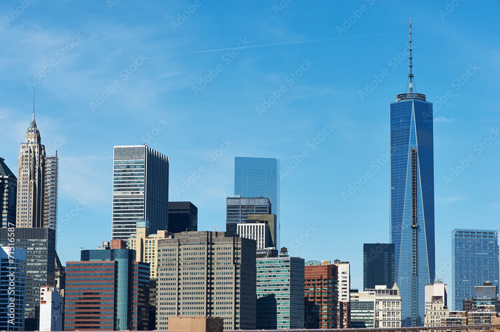 Lower Manhattan skyline view from Brooklyn Bridge
