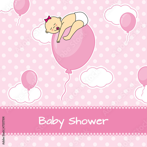 Child sleeping on top of a balloon. baby girl birth card
