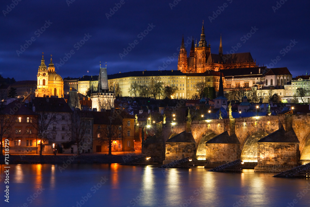 Night view of Charles Bridge and cathedral in Prague.