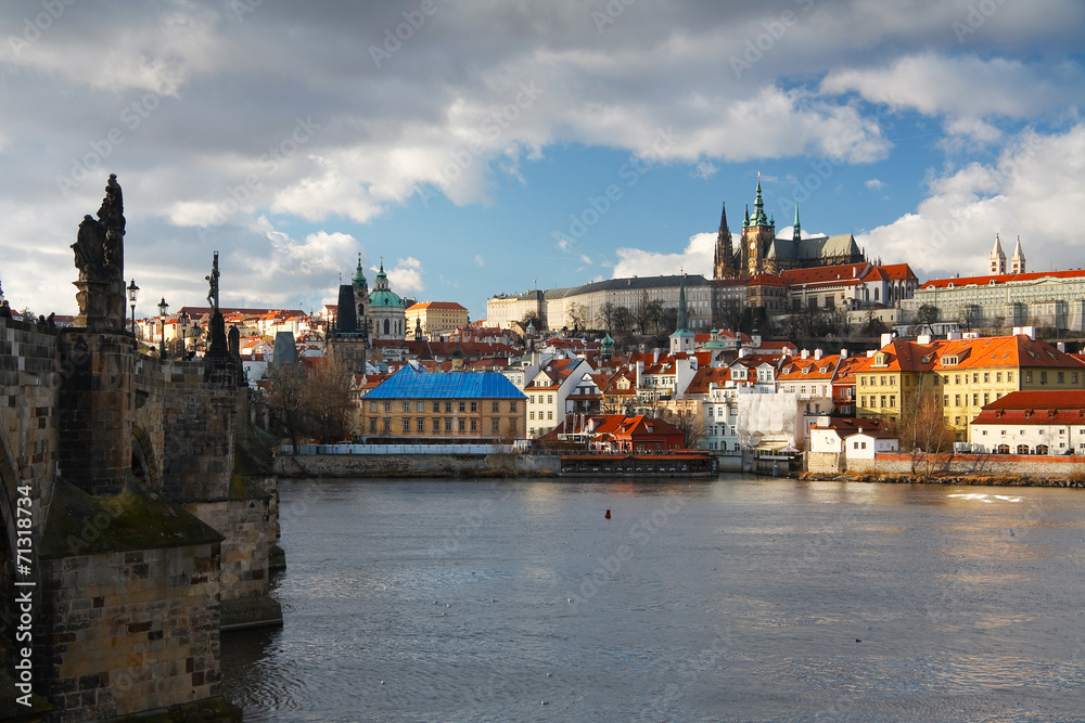 Charles Bridge and cathedral in Prague, Czech republic.